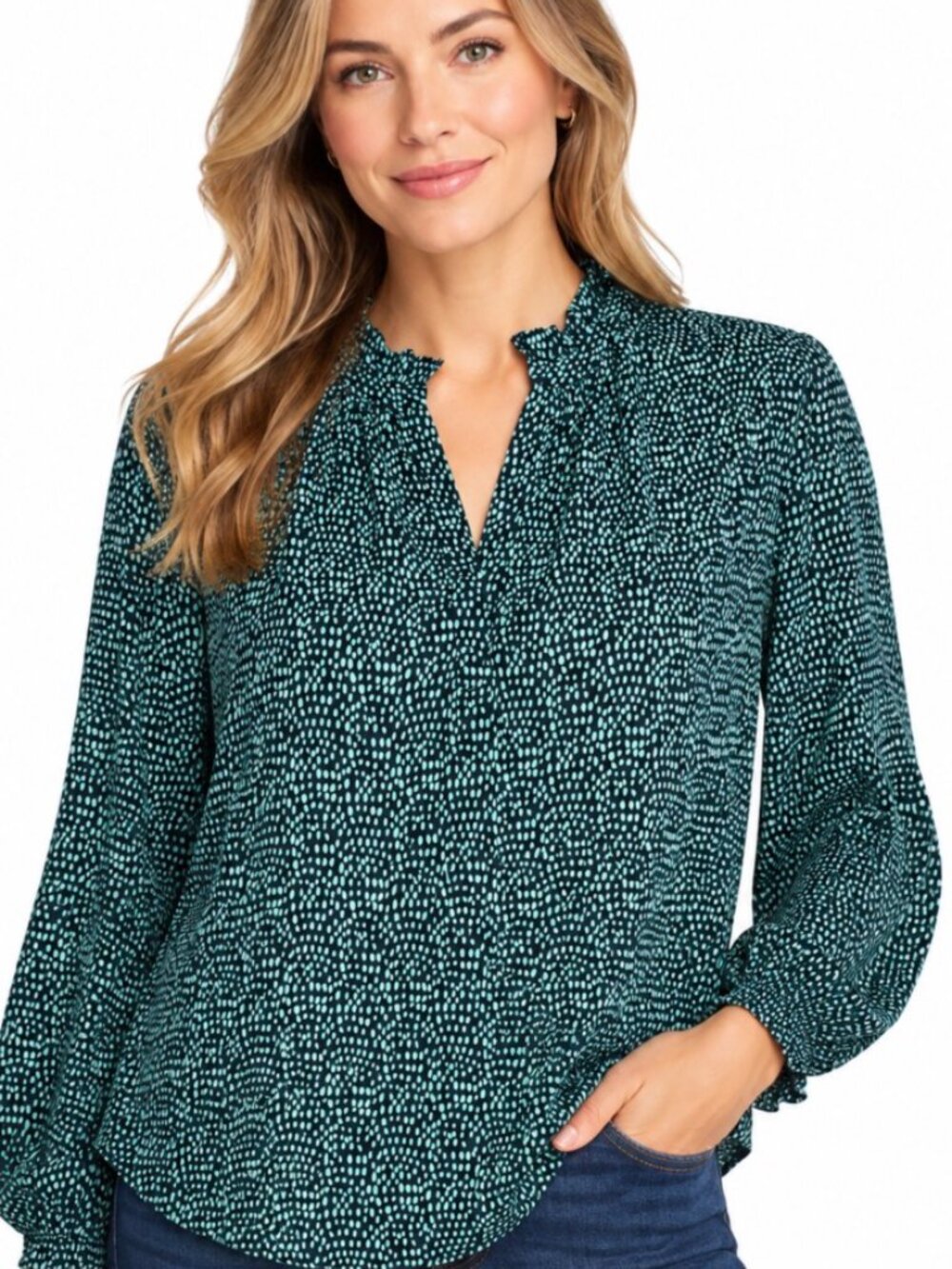 LOFT Ruffle Neck Teal Dot Blouse Long Sleeve Sz M